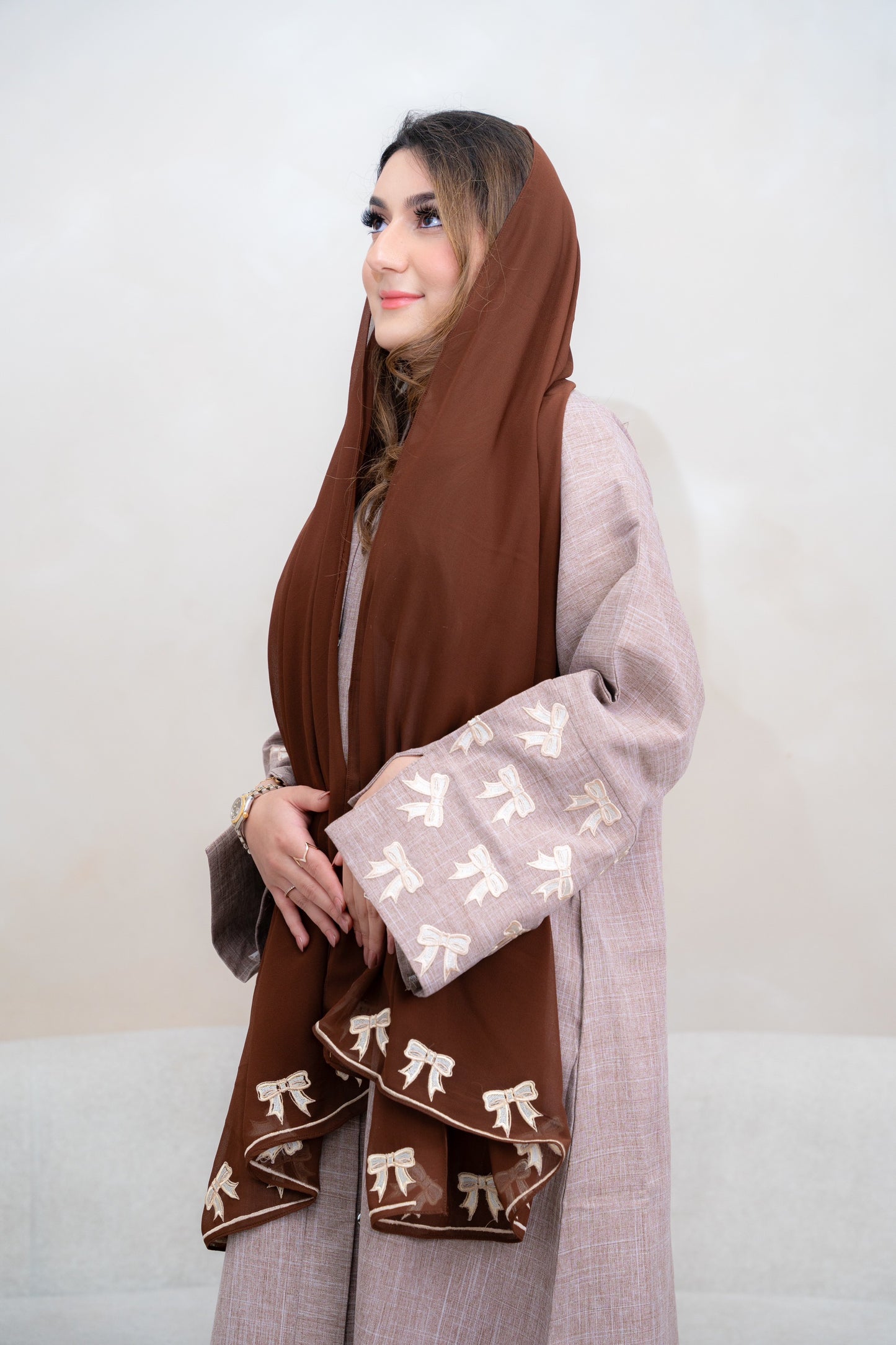 Linen Bow Abaya - Mocha
