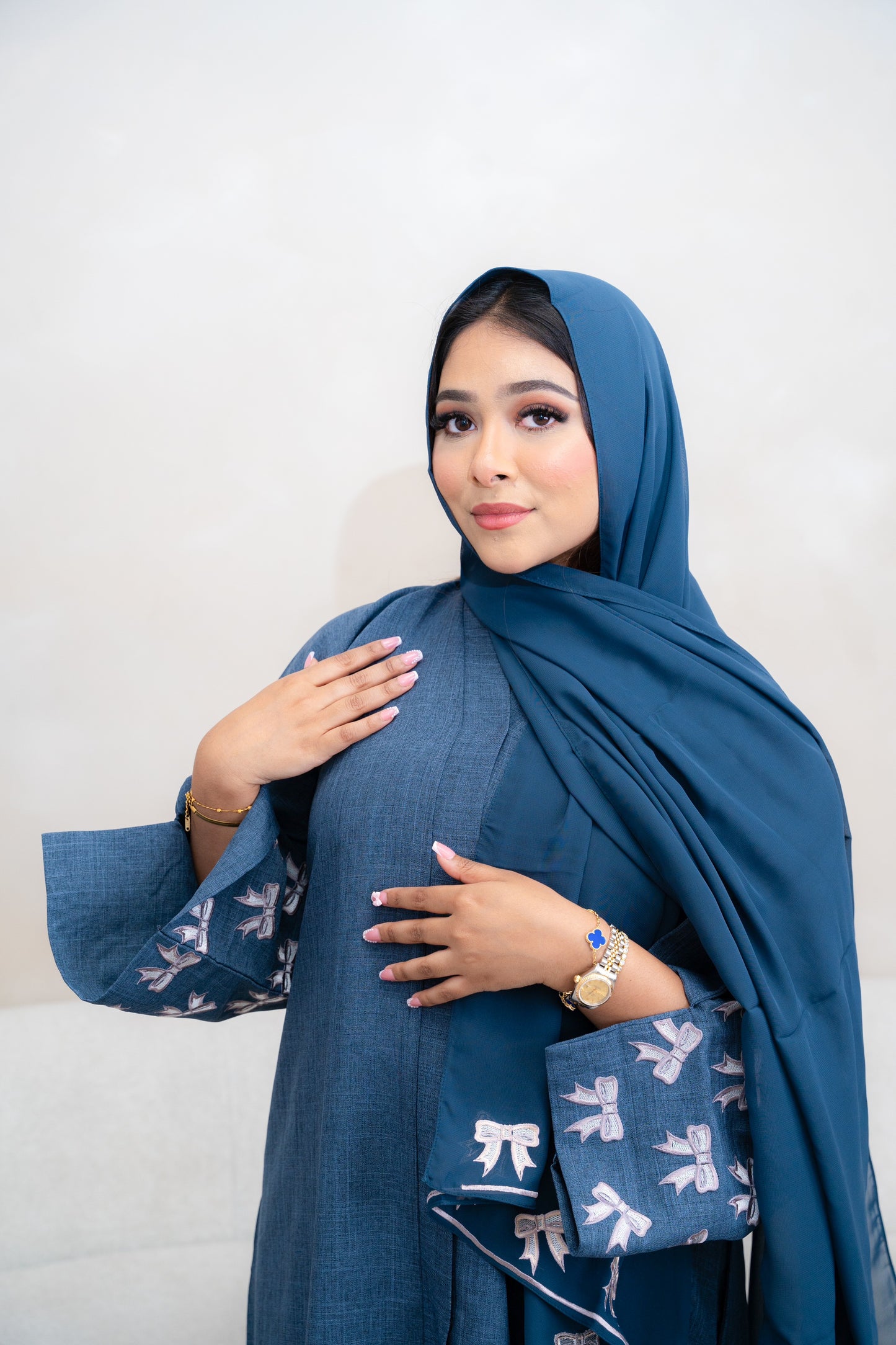 Linen Bow Abaya - Blue